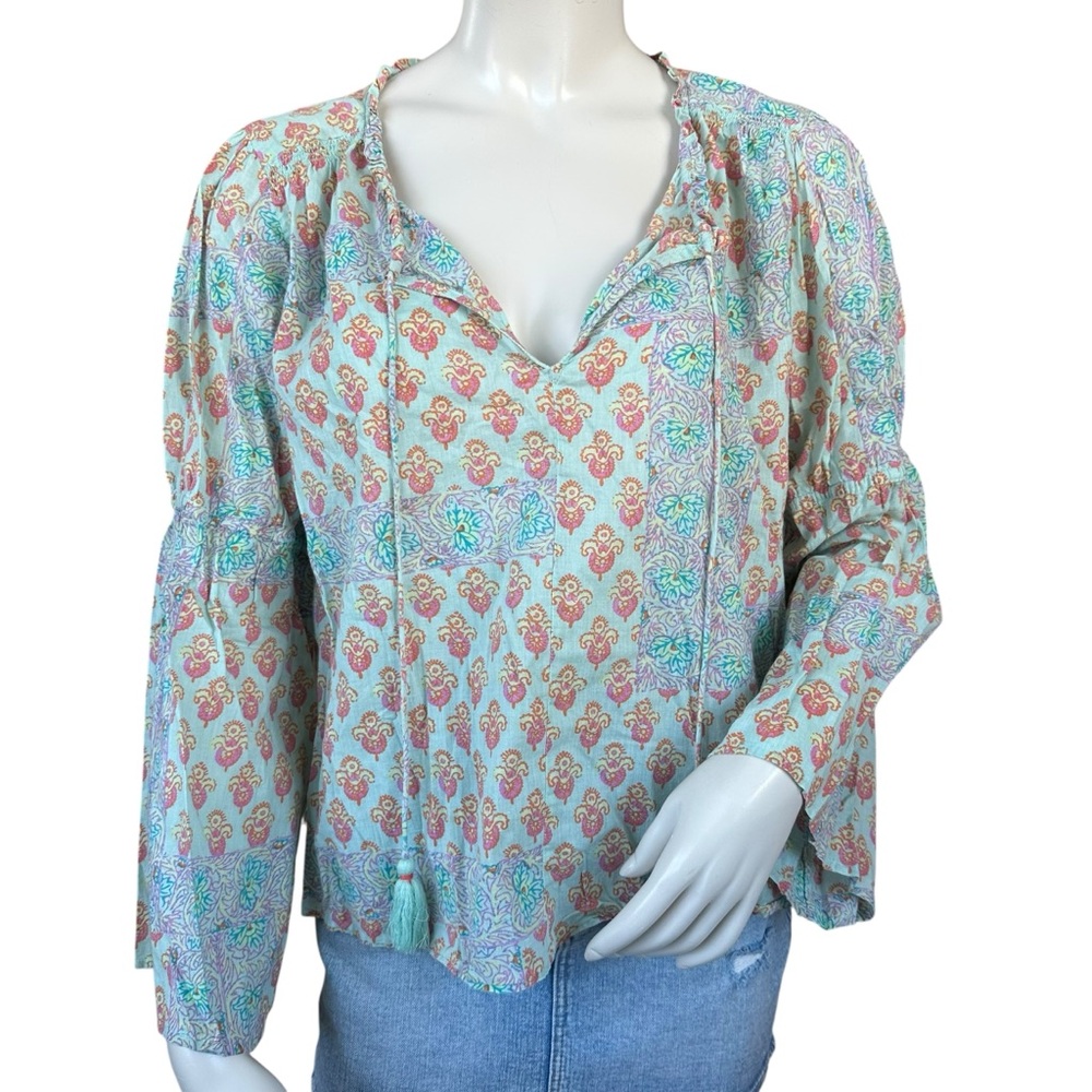 Anthropologie Lilka Pastel Blue Pink Boho Tapestry Floral Peasant Blouse Large - Picture 2 of 8